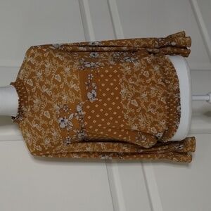 Luna size medium flounce sleeve floral top gold/white color gathered hem